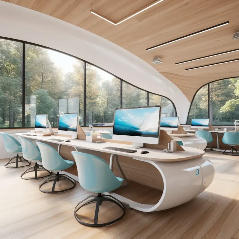 Modern office design with ergonomic furniture and large panoramic windows