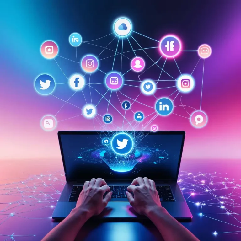 Hands interacting with a laptop displaying digital marketing icons and social media networks