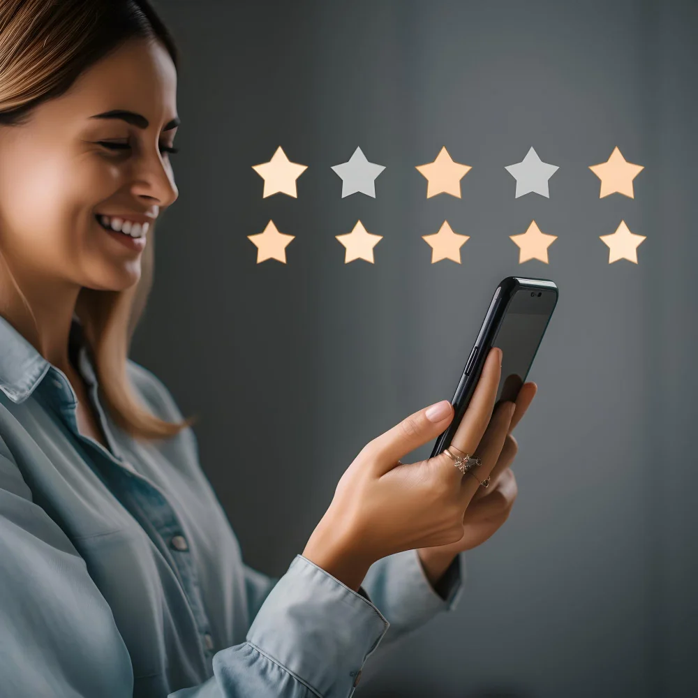 Smiling woman using smartphone with star rating icons - User satisfaction and AI-driven results